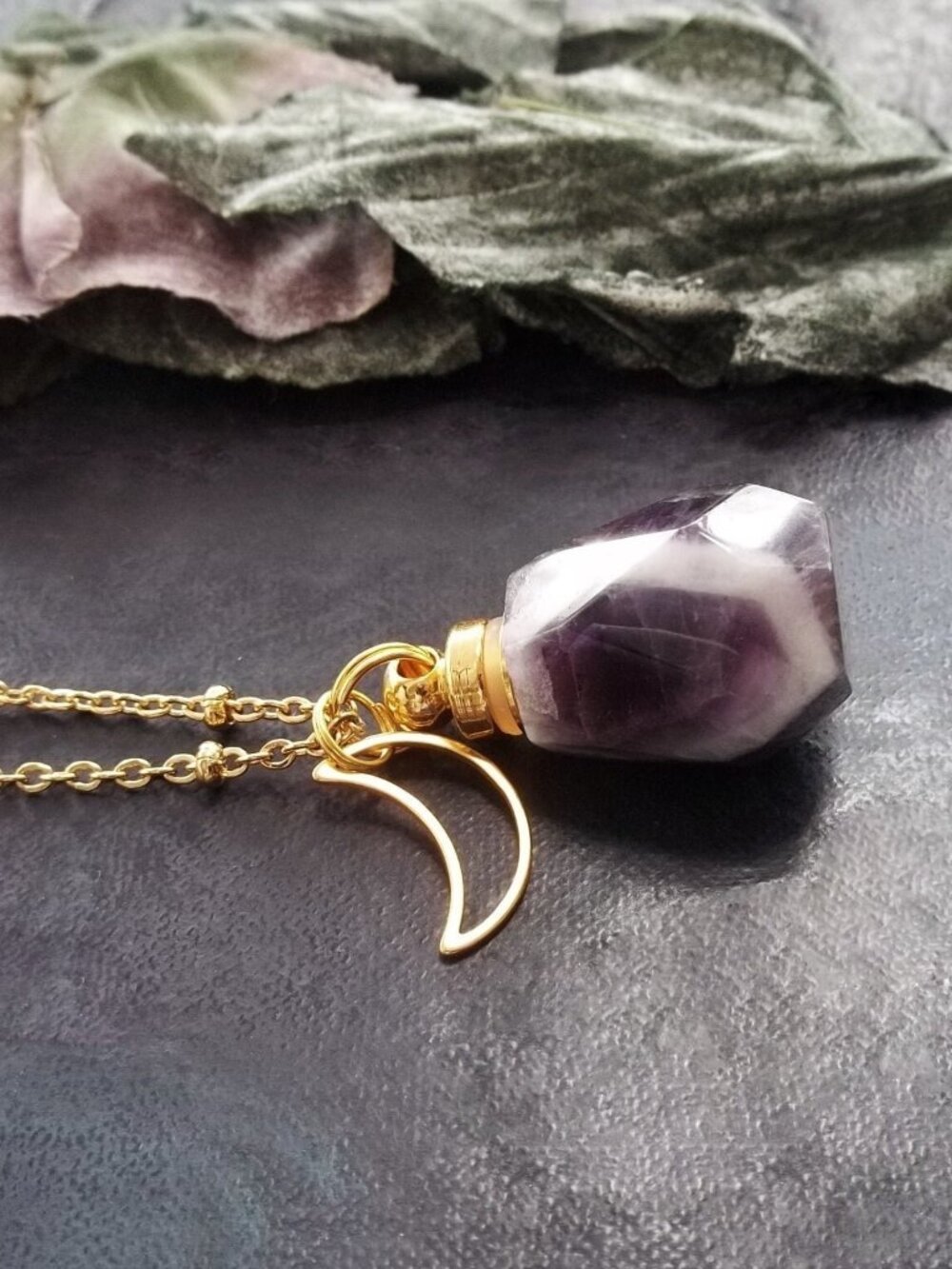 Amethyst Quartz Necklace Crystal Perfume Bottle Moon Pendant Celestial
